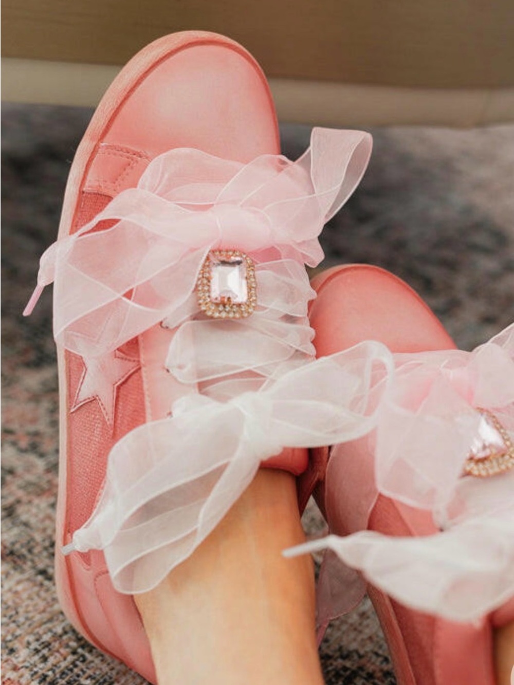 NWT Aesthetic Pink Star Lace Ribbon Sneakers In Original Box - Picture 3 of 15